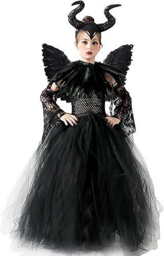 TRACYCY Maleficent Kostüm mit Flügel Mädchen Cosplay Hexe Lang Tüll Festkleid und Horn Cape Federkragen Handschuhe Anzug 5tlg für Halloween Karneval Verkleidung Partykleid Fasching Outfit 2-10 Jahre