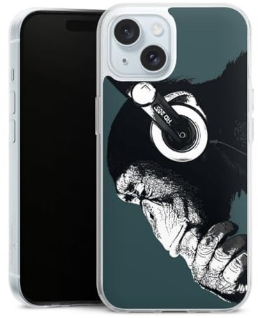 DeinDesign Silikon Hülle kompatibel mit Apple iPhone 15 Case transparent Handyhülle AFFE Kopfhörer Musik