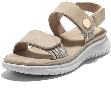 JOMIX Sandalias Mujer Verano con Banda Ajustable Sandalias Deportivas Mujer con Plantilla Ortopédica Playa Piscina Mar Sandalias Planas Mujer, Caqui, 39 EU