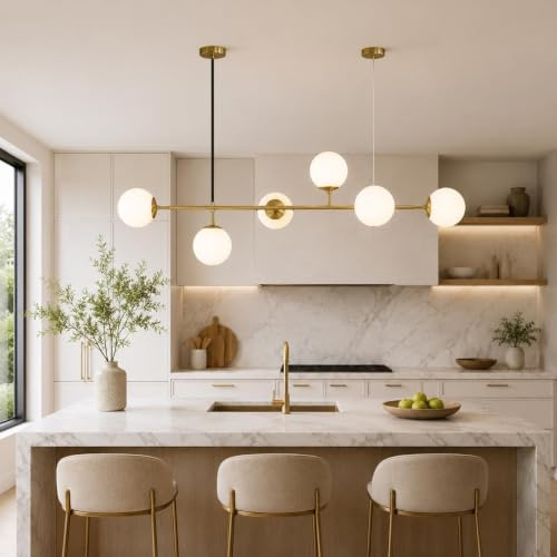 FROIDEXG Suspension D'îlot De Cuisine Moderne 130 Cm G45 Lustre Minimaliste Lampe Suspendue Boule De Verre Réglable Éclairage Suspendu À 6 Lumières pour Salle À Manger Salon Cuisine Bureau