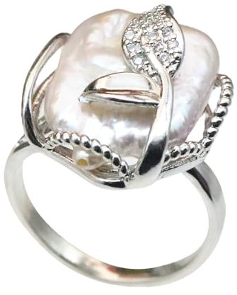 Kinretixia® Unregelmäßiger Perlenring, Blatt-Strass-Silberring, barocker Perlenring, Vintage-Perlen-Stapelring, verstellbarer Ring mit offenem Ende - silver
