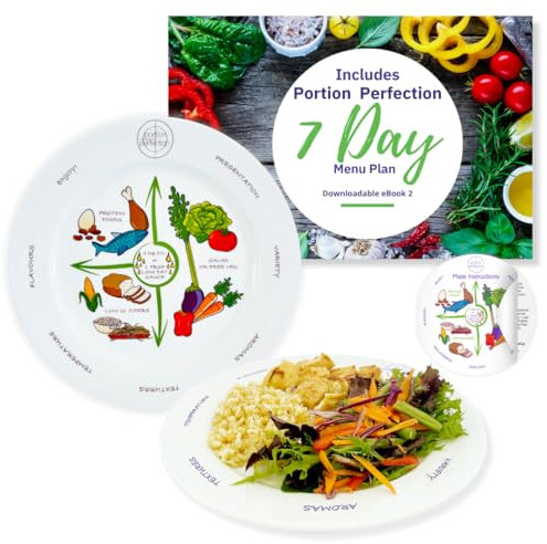 Portion Perfection 2 platos de control de porciones, plato de porciones de melamina de 10 pulgadas para control de peso, incluye plan de comidas bajas en calorías de 7 días, ideal para adultos con