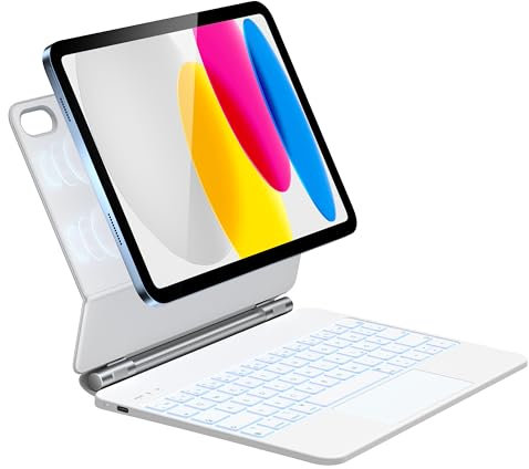 HOU Tastatur Hülle für iPad 11. Generation 2025 A16/10. Generation 2022, Magnetischer Ständer, 7-farbige Hintergrundbeleuchtung, iPad 10. Generation 2022 Hülle mit Tastatur, QWERTZ Layout, Weiß