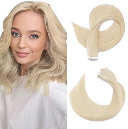 SEGOHAIR Tape in Hair Extensions Human Hair, 12 Invisible 10 Pcs Real Hair Straight Natural Remy Tape Hair Extensions - Platinum Blonde