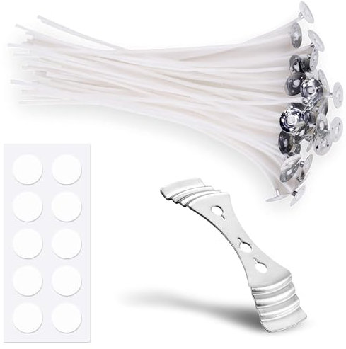 Mindful Memories Candle Wicks 10 Pcs 10cm with 1 Candle Wick Holder & 10 Glue Stickers, Long Lasting Pre-Waxed & Tabbed Cotton Threads with No Black Smoke for Making Candles