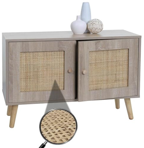 Kommode HWC-M40, Sideboard Schrank Highboard, Staufächer, Kubu Rattan Holz Melamin, Eiche-Optik