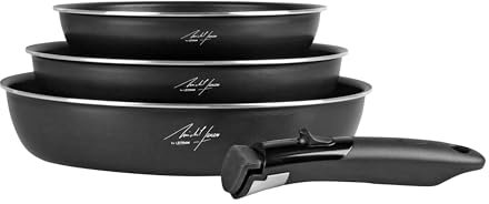 Sitram 716910 Lot de 3 Poêles Aluminium pressé Noir Ø 20/24/28 cm, Revêtement intérieur anti-adhésif sans PFOA - manche amovible SITRAMOVIBLE - Tout feux dont induction