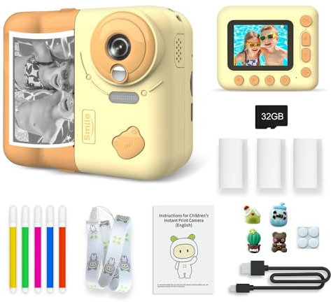 Andoer Sofortkamera für Kinder: Digitalkamera mit 1080P, 2,4 Zoll IPS-Bildschirm, 10X Zoom, Sofortdruckfunktion, MP3-Player, farbige Stifte und Aufkleber - Pink/Gelb/Blau/Grün (optional)