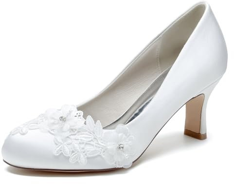 FGRID Women's Closed Toe Low Kitten Heels Wedding Shoes, Sexy Lace Low Block Heels Ballet Dolly Pumps, Slip On Stiletto Heel Bridal Shoes,White,6 UK