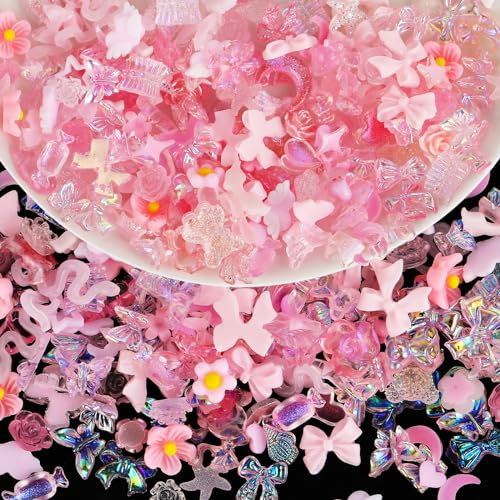 Giantree Decorazione per nail art, a forma di cuore, con fiocco e perline per unghie, 100 pezzi, per nail art, set di decorazioni 3D, per manicure, accessori fai da te (rosa)