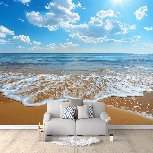 Papier Peint Panoramique Ciel Bleu, Nuages Blancs Et Paysages Marins, 200 x 140 cm Papier Peint Intissé Personnalisé Photo Murale pour Salon Chambre d'enfants restaurant Décoration Murale