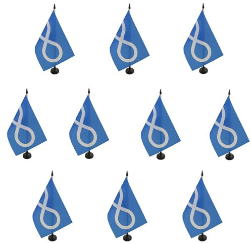 AZ FLAG - Lot de 10 Drapeau De Table Métis de la Saskatchewan et du Québec 21x14cm - 10 Petits Drapeaux Métisse De Bureau 100% Polyester Avec Hampe De 25cm Et Socle En Plastique Noir