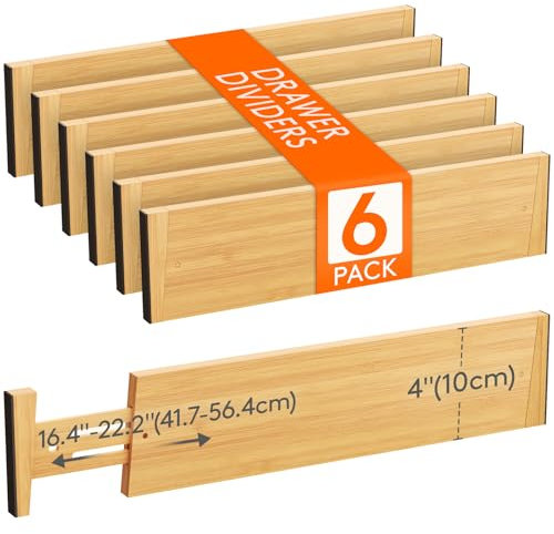 Lifewit 6er Set 10cm Höhe Bambus Schubladentrenner, 41-56cm Verstellbar Schubladen Organizer Ordnungssystem für Küche/Büro/Kleiderschrank, Drawer Divider für Kosmetik Besteck Gewürze Werkzeug