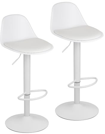 Baroni Home Juego de 2 Taburetes de Bar Giratorio, Taburete Alto con Altura Ajustable, con Respaldo y Reposapies, Fondo antiarañazos, Comedor, Restaurante, Bar, Blanco, 2 Unidades, 39x44x82-104 cm