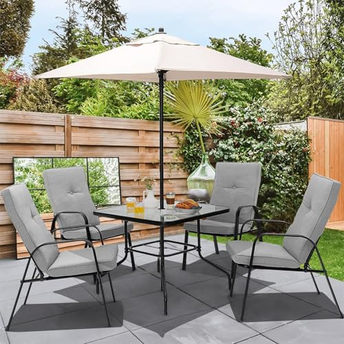 TANGZON 6PCS Garden Furniture Set, Outdoor Patio Dining Set with Umbrella, 4 Padded Stacking Chairs & Tempered Glass Table, 4 Seater Bistro Conservatory Table Chairs Set for Backyard Balcony Poolside