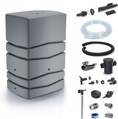 Dikel - Aqua Tower - Regentonne - Wassertank - Regenfass - Regenwassertonne mit Zubehör - Regenwassertank - Wassertonne, Wasserfass, Regenwasserspeicher - 450l, Grau