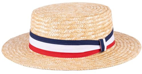 ZAKIRA Classic Straw Boater Hat Handmade from Natural Straw in Union Jack Colours (Red-White-Blue Band, M)
