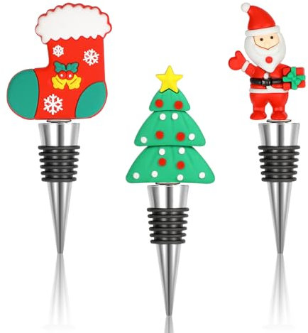 Wine Stopper Christmas, 3 Pieces Silver Bottle Stopper Wine Bottle Stopper for Wine Collection Wine Champagne Santa Claus Christmas Stockings Christmas Tree Decoration Christmas Gifts