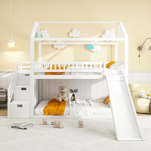 YESGIGA Letto a castello per bambini, 90 x 200 cm, letto a soppalco, con scivolo e scala di stoccaggio, struttura alta