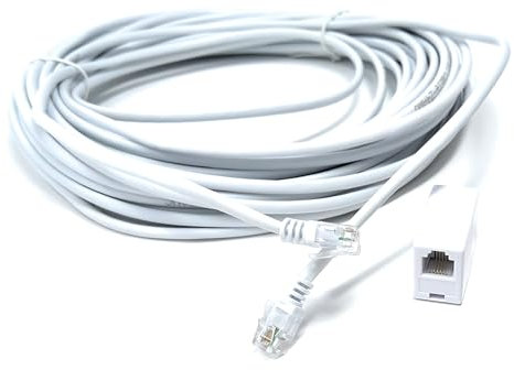 DRUT 15m RJ11 to RJ11 ADSL 2+ Male to Male Cable with Female Coupler, BT Telephone, Broadband, Modem Extension Lead, Gold Plated Connectors White 50ft