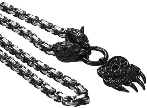 OIDEA Herren Halskette Wolfskopf Königskette: Schwarz Schwer Punk Wikinger Bärenklaue Doppel Wolf Köpfe Anhänger mit 61 cm Kette aus Edelstahl Viking Schmuck Geschenk für Männer Freund Bruder
