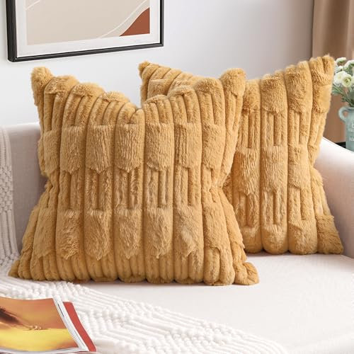 ZWJD 2er Set Gelb Kissenbezug 40x40 Kunstpelz Plüsch Kissenbezüge Weiche Kissenhülle Flauschig Dekokissen Moderne Kissen Deko für Wohnzimmer Sofa Schlafzimmer Auto Dekor Sofakissen 40 x 40cm