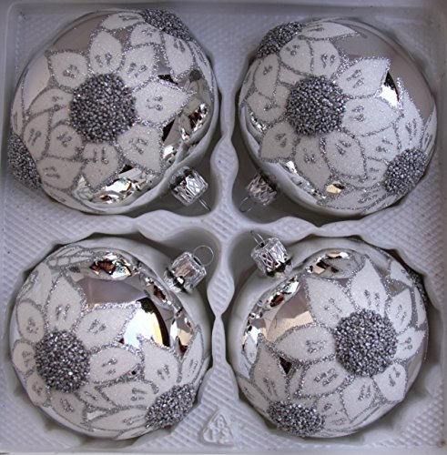 Silbere, Mundgeblasene und handverzierte Weihnachtskugeln aus Glas mit weißen Bläten Durchmesser 10 cm 4er Set