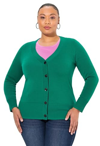 Ulla Popken Damen große Größen Übergrößen Plus Size Strickjacke, V-Ausschnitt, Knopfleiste, Feinstrick smaragd grün 42+ 791605469-42+