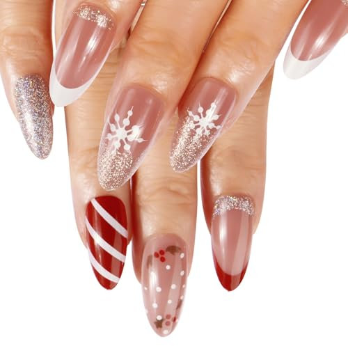 2 Boîte 48pcs Faux Ongles Pointu Noël en ABS Nail Ongles French Nails Capsule Couverture Complète à Paillettes avec Colle de Gelée Décoration DIY Manucure Noël pour Femme Filles