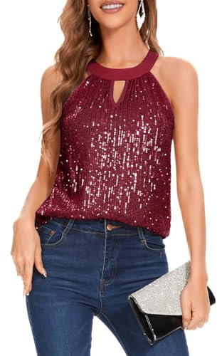 DRESSTELLS Glitzer Oberteile Damen Neckholder Top Pailletten Oberteil Ärmellose Bluse Elegant Glitzertop Frauen Sommer Party Outfit Sexy Disco Tshirt Burgundy XL