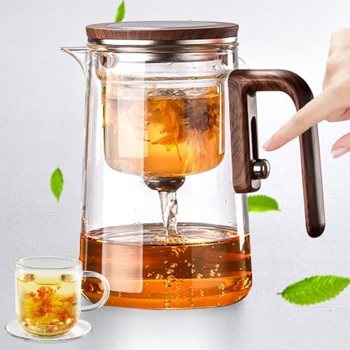 Magic Tea Pot with Handle - Water Separation Glass Teapot for Separate The Teawater, Ergonomic Wood-Effect Silicone Grip Design, and Versatile Brewing of Tea and Coffee (800ml)