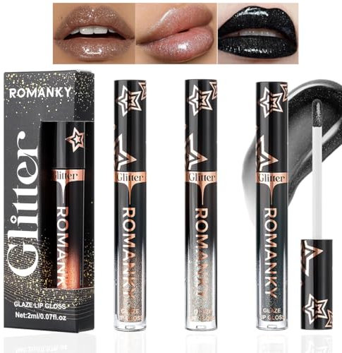 Baorder 3Farben Glitter Lipgloss,Hochglanz-Finish,Nicht-klebrig,Langanhaltend Feuchtigkeitsspendend Schimmernder Flüssig-Lippenstift Set(Weiß,Schwarz)