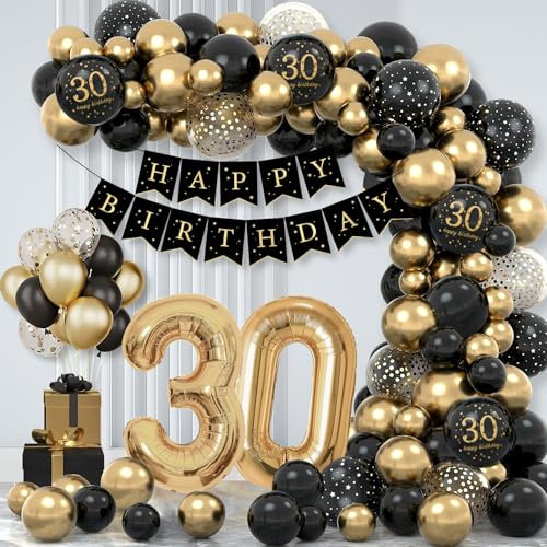 30. Geburtstag Deko für Männer Frauen, 69Pcs Schwarz und Gold Geburtstag Party Dekoration Set - 32Inch 30. Luftballon, Happy Birthday Banner, Schwarz Gold und Konfetti Luftballons