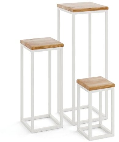 LAMO Manufaktur Pflanzenständer Set - 3 Stücke 30/50/70 cm | Blumenständer Weiss Metall | Blumenhocker Holz mit Rustikal Farbe | 100% Echtholz | Sockel für Zimmerpflanzen