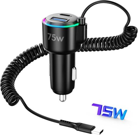 USB C Car Charger,75W Fast Car Charger with USBC Coiled Cable+USB A+C Port,Car-Phone Charge USB C Adapter Support PD+QC3.0+PPS Fast Charge, Cigarette Lighter USB Charging for iPhone 16/15/Samsung