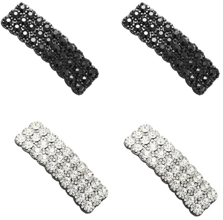 Lot de 4 pinces à cheveux rectangulaires en strass noirs et argentés - Pinces à cheveux coréennes - Accessoires pour cheveux pour fête, mariage, quotidien, filles - Décoration de cheveux