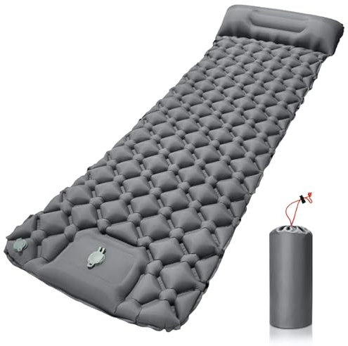 AQXONG Tapis de Couchage Gonflable de Camping, Matelas de Couchage Gonflable Imperméable avec Pompe à Pied et Coussin, Ultra Léger et Portable, Convient pour Camping, Randonnée et Voyage - Gris