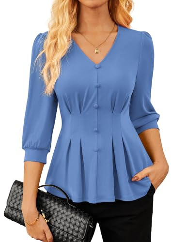 GRACE KARIN Women's Tops Elegant Solid Knitwear Top Autumn Blouse with Buttons Lightweight Pleated Shirt Tops Light Blue XL
