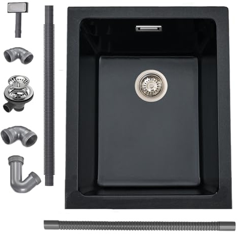iAnomla Fregadero Cocina 35x45 cm, Fregadero Bajo Encimera Granito, Negro | Compatible Instalación Empotrada y bajo Encimera, Incluye Rebosadero y Desagüe, Apto para Cocinas, Barras
