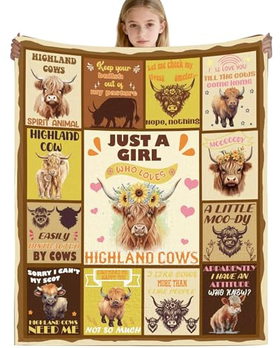 GalaVee Highland Cow Gifts for Girls Women Throw Blanket, Soft Flannel Blanket with Retro Design, 60x50Inches, Gift for Nature and Animal Lovers, Cozy and Warm for Sofa or Bed