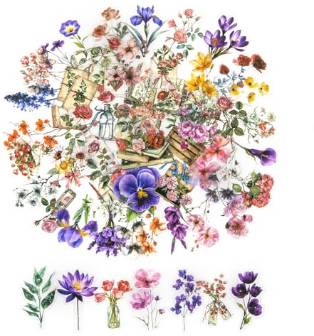 Ethernotes 150 Transparent Scrapbook Stickers, Wasserfeste Blumen Sticker | PET Aufkleber Blumen, Selbstklebend, Bunt, Dekorative Scrapbook Zubehör Set für Fotoalbum(Blasse Blüten)
