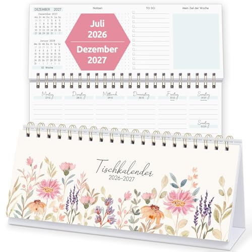 KONVINIT Calendario de mesa 2026 2027, calendario 2027, calendario semanal para colocar, diseño floral, planificador semanal de julio de 2026 a diciembre de 2027, 1 semana en 2 páginas, calendario de