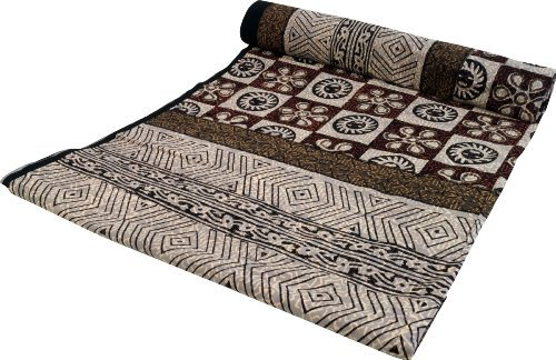 GURU SHOP Blockdruck Tagesdecke, Bett & Sofaüberwurf, Handgearbeiteter Wandbehang, Wandtuch - Design 1, Grau, Baumwolle, Größe: Double 225x275 cm, Tagesdecken mit Blockdruck