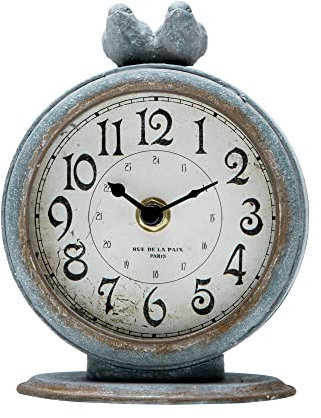NIKKY HOME Orologio da tavolo vintage, shabby chic, rotondo, in peltro, al quarzo, con 2 uccellini, 12,1 x 6,3 x 15,5 cm, grigio ardesia