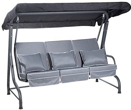 Alfresia Roma 3-Seater Garden Swing Seat | Outdoor Patio Swing Chair with Adjustable Waterproof Canopy and Luxury Cushions | Charcoal Canopy and Frame | Grey Luxury Cushions