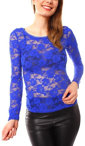 Easy Young Fashion - Damen Langarmshirt mit Spitze - transparente Mesh Bluse - Rundhals Skinny Fit 1095 (XS-M)