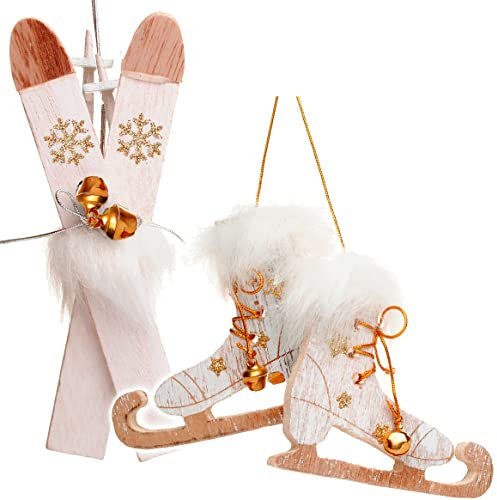 alles-meine.de GmbH 2 TLG. Set Ski mit Stöcken + Schlittschuhe mit Glöckchen - weiß/Kupfer - aus Holz - 13,5 cm - Miniatur/Diorama - Anhänger - Weihnachtsdeko/Winter ..