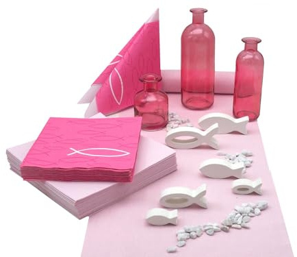 Tischdeko Kommunion Konfirmation Pink Rosa Weiß Fisch Deko SET 20 Personen