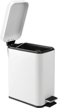 IDesign 44252EU Cubo de basura pequeño con pedal de plástico y metal, cubo de basura con tapa y pedal para cocina y baño, blanco, 14,10 x 30,10 x 27,50 cm