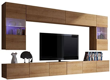 Moderne Wohnwand Calabrini I, Anbauwand, Mediawand, Hängevitrine, TV Lowboard, Wandregal, Wohnzimmerschrank, Fernsehschrank (mit Blauer LED Beleuchtung, Eiche Gold)